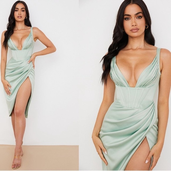 NWOT House of CB ‘Faye’ Pistachio green Corset Satin Corset Dress sz XS - Picture 2 of 9